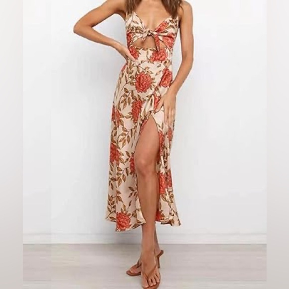 Petal & Pup Beige Floral Midi Dress with Coral Roses - Picture 2 of 7